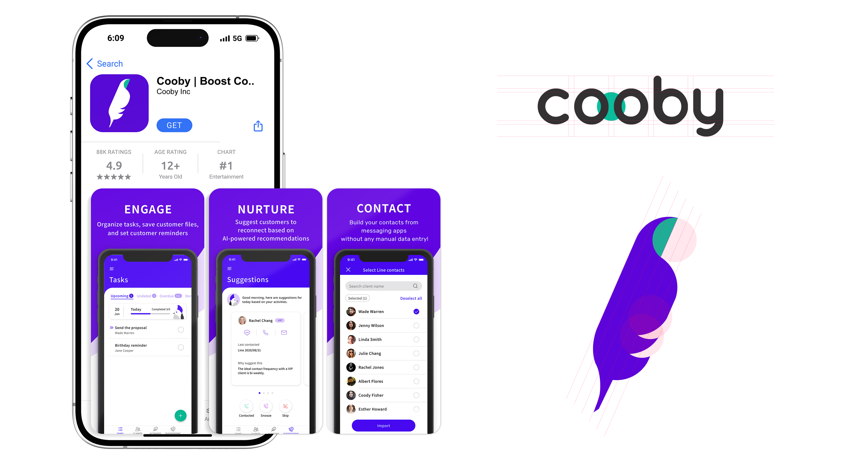 Cooby app mockup and brand mark