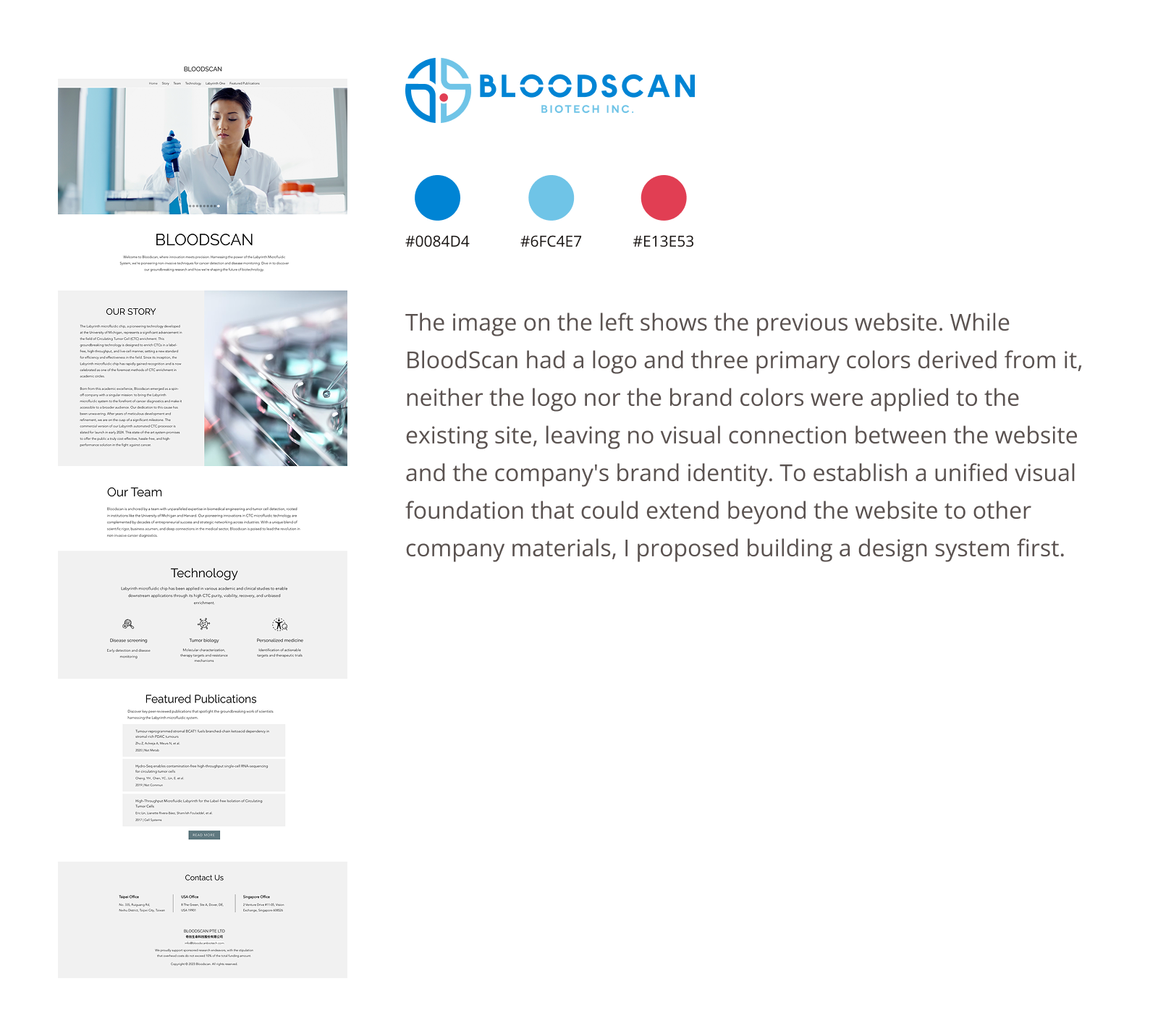 Previous BloodScan website alongside logo and brand colors showing lack of visual connection